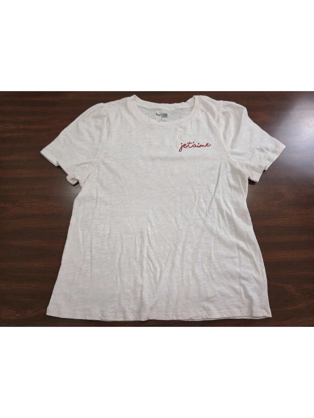Kensie Jeans Je T'Aime Embroidered Slub T Shirt Pink Large 100% Cotton Coquette